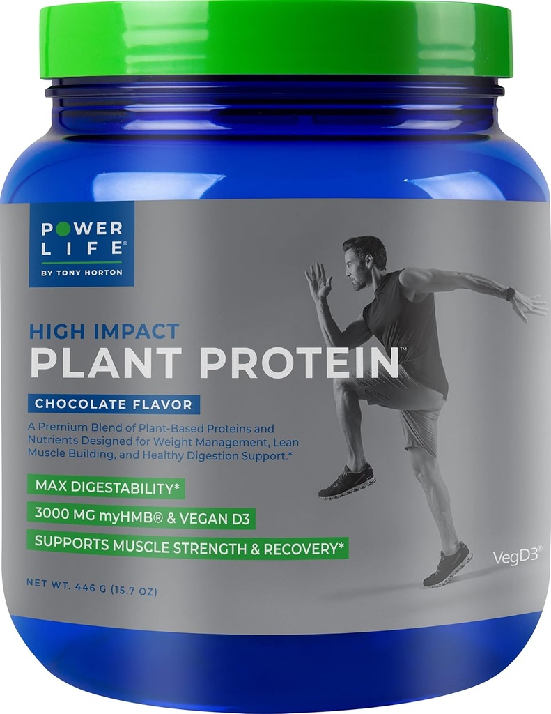 POWERLIFE Tony Horton poudre de protéines végétales à haut impact avec 3000 MG de HMB, à base végétale, sans sucre ajouté, végétalien, kéto amical, non-OGM (chocolat)