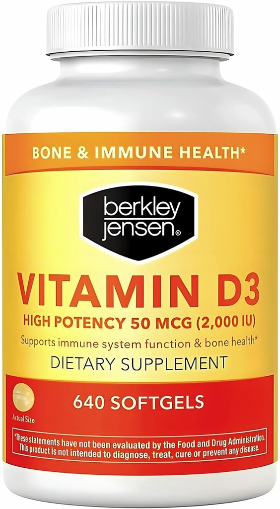 Berkley Jensen Vitamine D3 2000UI (50 mcg) (640 softgels), supplément alimentaire pour les dents, les muscles, la fonction immunitaire et la santé osseuse, pour les hommes et les femmes, fabriqués aux États-Unis, 640 jours d'approvisionnement
