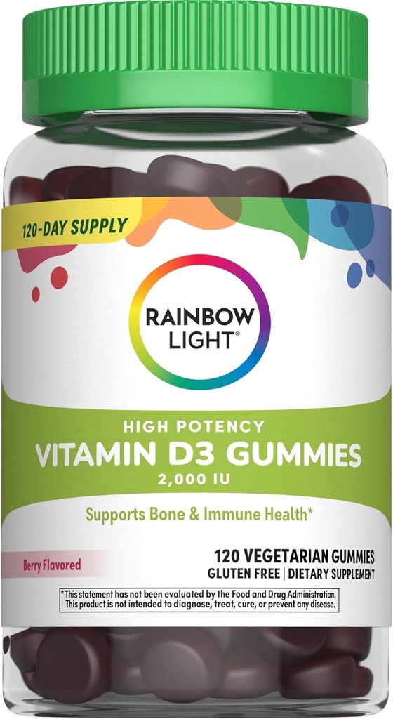 Rainbow Light Vitamine D Gummies, haute puissance Vitamine D3 2 000IU Immune Health Support, aide à soutenir les os et les dents forts, sans gluten, végétalien, baie, 120 Gummies