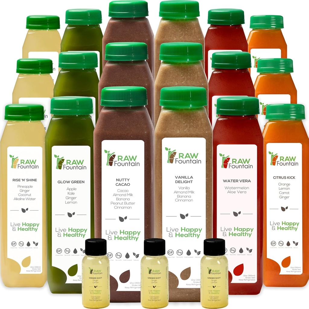 Nettoyez les jus de protéines 7 jours par la fontaine crue, tous les détox naturels, les fruits pressés à froid, légumes, vanille et saveur de chocolat, goût et énergie, 42 bouteilles 12oz, 3 coups de gingembre