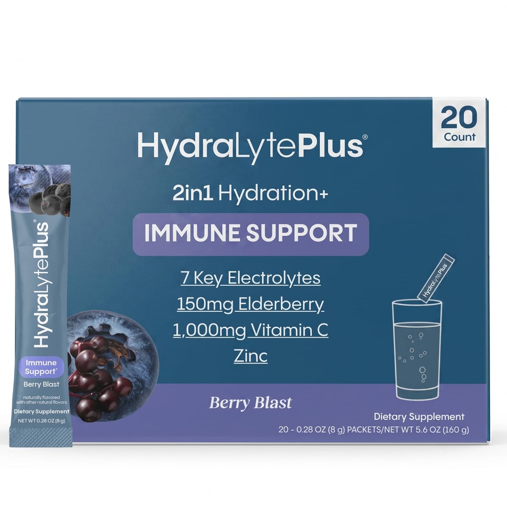 Hydralyte Electrolytes Plus Immunity, Elderberry - Poudre de réhydratation rapide à faible teneur en sucre - Poudre d'électrolyte légèrement pétillante avec 1000 mg de vitamine C et 300 mg de Elderberry (8oz servir, 20 comte)