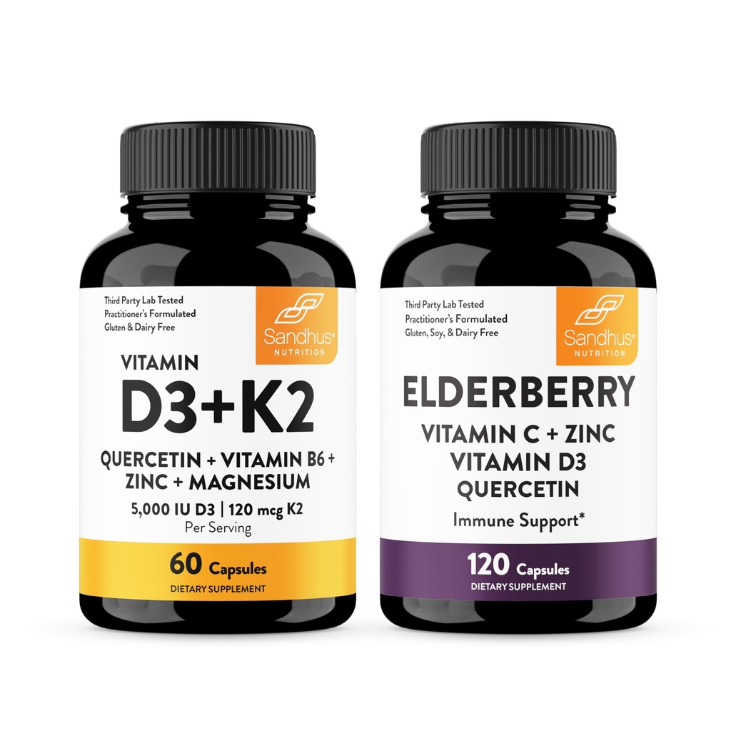 Sandhu's Vitamin D3 K2 with Quercetin Bundle with Elderberry Capsules | Supports Immune, Muscle, Teeth Health & Energy