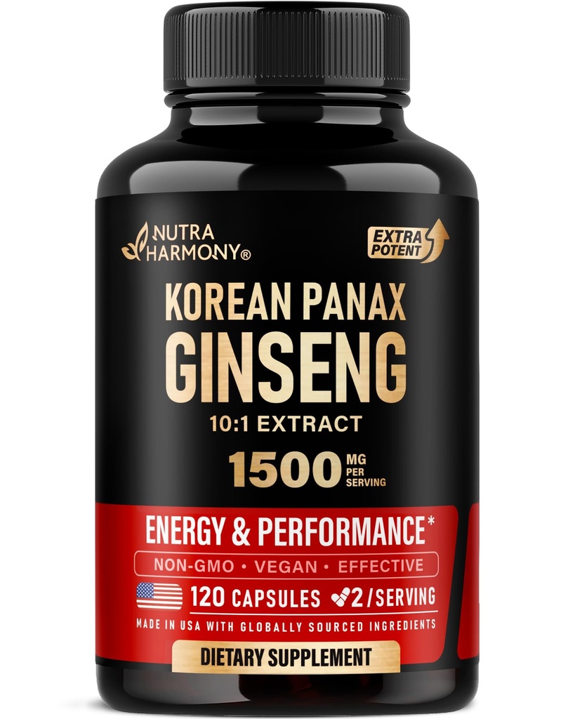 Panax Ginseng 15 000 mg - Supplément Ginseng coréen rouge pour les hommes - Extra-résistance 10:1 Extrait - Énergie, Focus, Productivité et Performance - Naturel et végétalien - Fabriqué aux États-Unis - 120 capsules, 2 mois d'approvisionnement