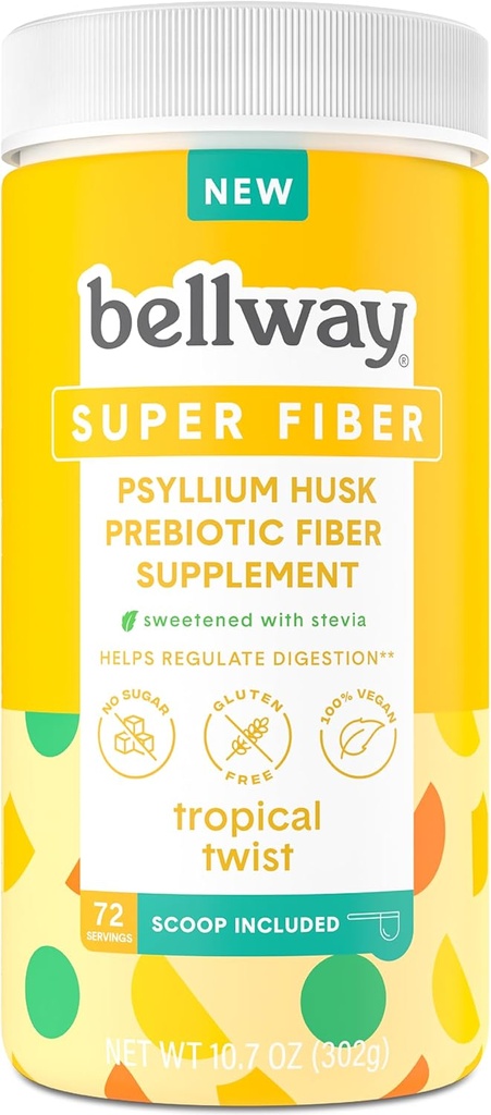 Poudre de supplément Super Fibre de Bellway - Poudre de musc de Psyllium, sans sucre, végétalien, sans gluten, twist tropical, 72 portions