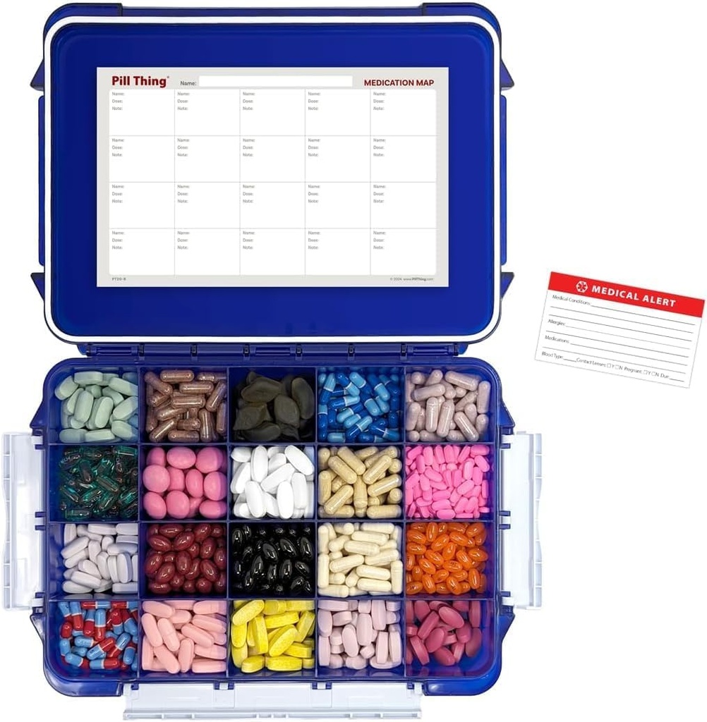 20 Compartment UV Protected Large Cobalt Blue Pill Case with Airtight Seal, Spill Proof, Silicone Gasket Waterproof Med Box with Medication Map (Cobalt Blue, 20 Compartment - 1 Pack)
