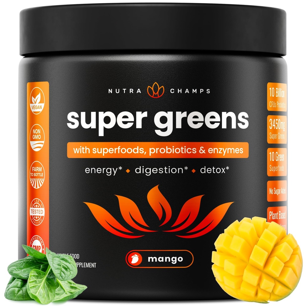 NutraChamps Super Greens Poudre Superfood Premium. 20+ Produits bio de légumes verts entiers.