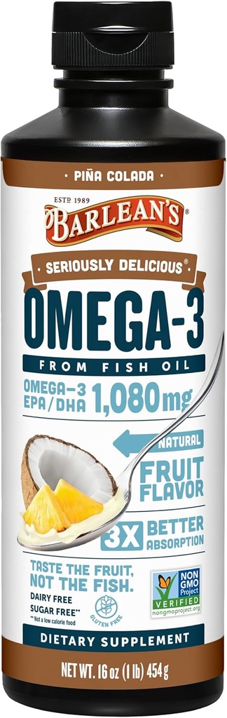 Barlean's Omega 3 supplément liquide d'huile de poisson pour les hommes et les femmes, Pina Colada, 1080mg EPA et DHA acide gras, 16 oz
