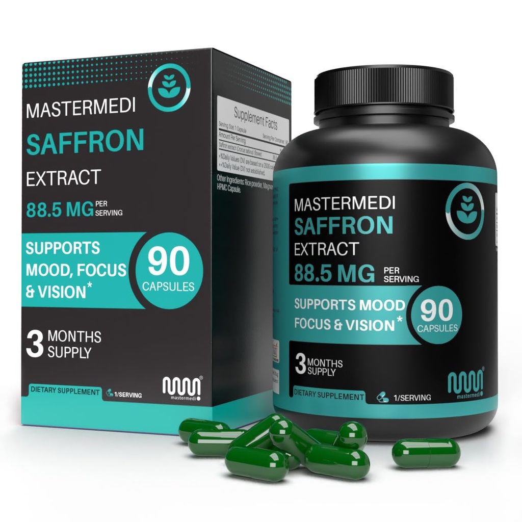 mastermedi Saffron Extract 88.5mg – Mood, Memory & Eye Health Support – 90 Vegan Capsules, 3-Month Supply – Pure Crocus Sativus Flower – Non-GMO, Gluten-Free, No Additives