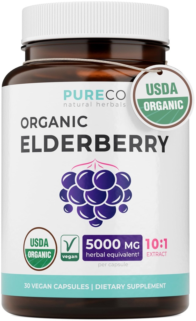 Capsules de baies aînées biologiques - 10:1 Extrait égale 5 000mg de baies aînées fraîches (Vegan) pour le soutien immunitaire, l'allergie, le soulagement du sinus - Sambucus Nigra - mûrier noir - 30 capsules (pas de pilules ou de gommies)