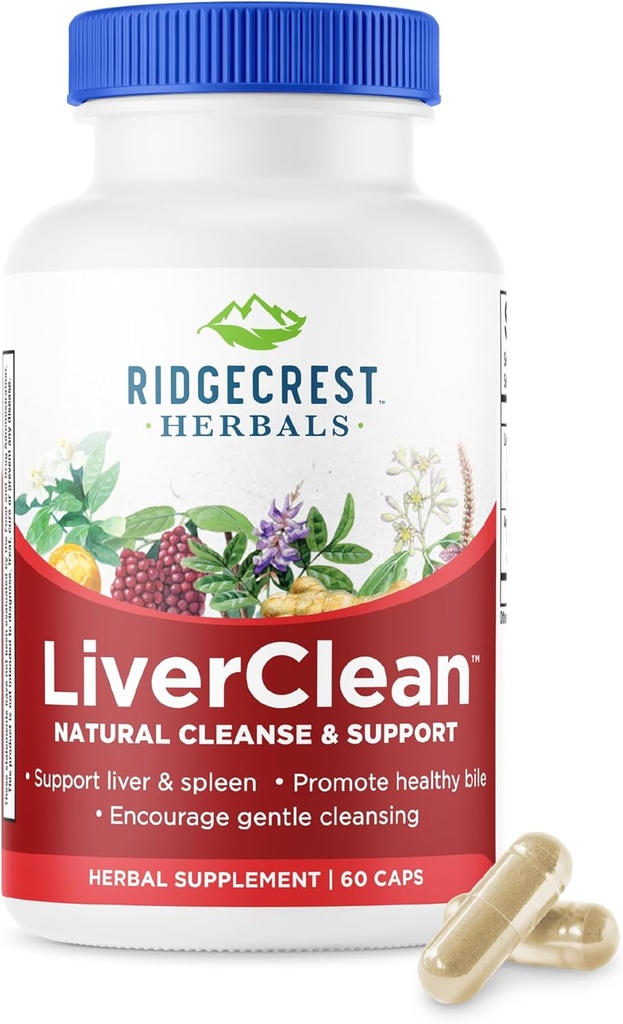 Ridgecrest Herbals LiverClean, supplément de soutien du foie à base de plantes, Thistle béni, Dandelion, Detox, Cleanse Support, Bile saine (60 capsules, 30 portions)