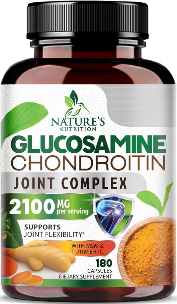 Glucosamine Chondroïtine MSM 2100mg Complexe - Supplément de soutien conjoint pour la mobilité et le confort pour les hommes et les femmes avec Turmeric & Boswellia, Suppléments de glucosamine Triple Strength - 180 Capsules