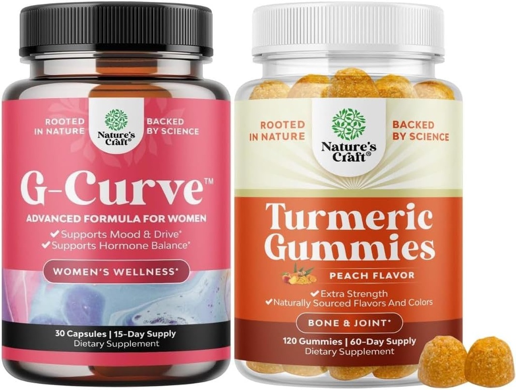 Bundle of G Curve Horny Goat Weed for Women for Enhanced Energy Mood and Performance and Turmeric Gummies for Adults Peach Flavor - Gommies de soutien interarmées extra-fort