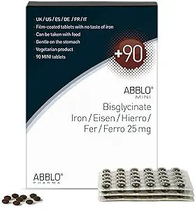 25mg. Le bisglycinate de fer ABBLO est très doux sur l'estomac et peut être pris avec des comprimés de nourriture et de calcium.