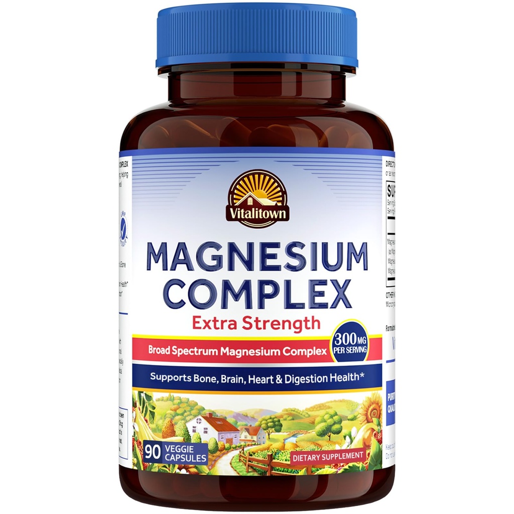 Supplément complexe de Magnésium Vitalitown de 300mg Magnésium élémentaire de Citrate de Magnésium Malate de Taurate de Glycinate de Tau.