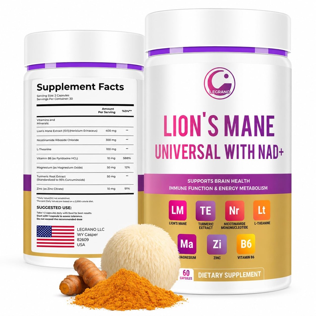 LEGRANO Lion’s Mane Capsules & NAD+ Supplement with Nicotinamide Riboside (NR), L-Theanine, Magnesium, Zinc, Vitamin B6 & Turmeric – Energy Formula for Focus & Brain Health - 60 Capsules
