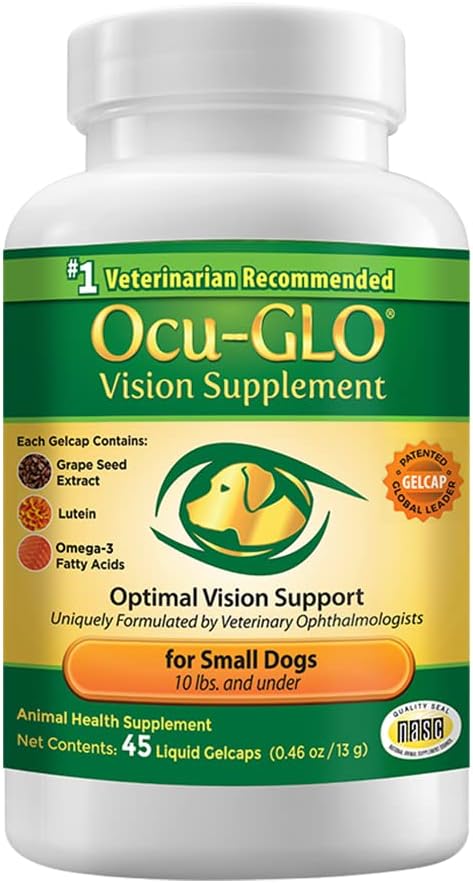 Supplément de vision Ocu-GLO pour petits chiens par nécessité animale avec lutéine, acides gras oméga-3, extrait de graines de raisin et antioxydants pour promouvoir la santé des yeux chez les chiens, 45ct gelcaps liquides