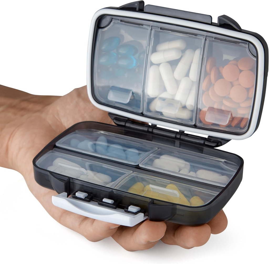 Organisateur de pilules de voyage - Porte-vitamine portable à l'épreuve de l'humidité avec 7 compartiments, étui de supplément compact pour la trousse de médecine essentielle de la purse
