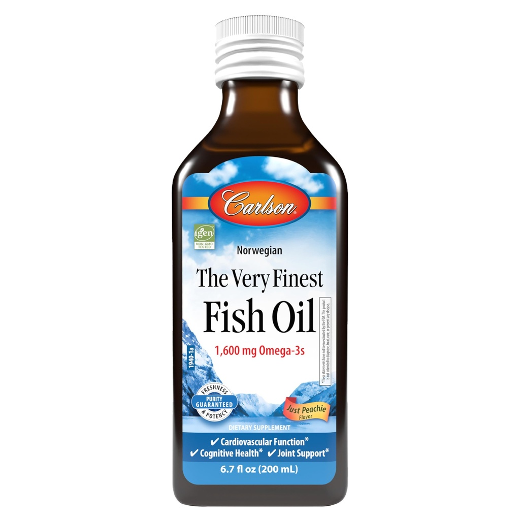 Carlson - L'huile de poisson la plus fine, 1600 mg Oméga-3s, supplément d'huile de poisson liquide, huile de poisson norvégienne, huile de poisson sauvage, huile de poisson d'origine durable, juste Peachie, 200 mL (6,7 Fl Oz)