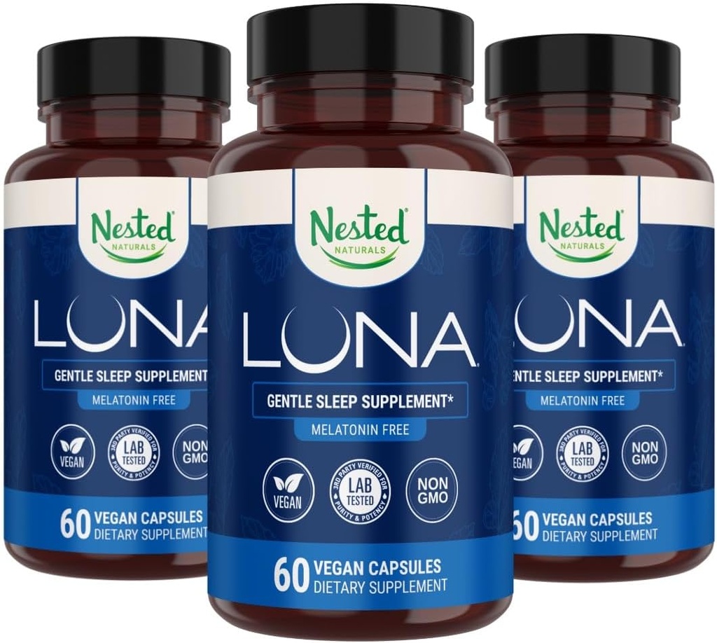 Nested Naturals Luna Melatonin Free, Non-Habit Forming Herbal Sleep Supplement w/Camomile, Valérien, L-Theanine, 180 Capsules Vegan (60 Capsules par bouteille)