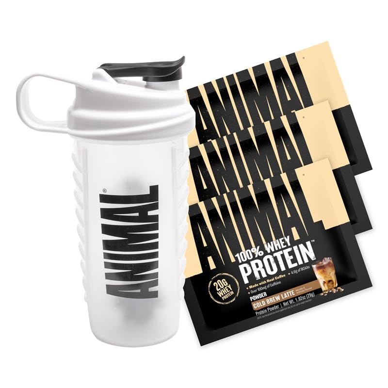 Animal 100% Whey Protein Powder Samples & 25oz BPA Free Shaker Bottle – Real Instant Iced Coffee Whey + 20g of Protein, 120mg of Caffeine Meal Replacement with BCAA – Cold Brew Latte, 3 Single Packets