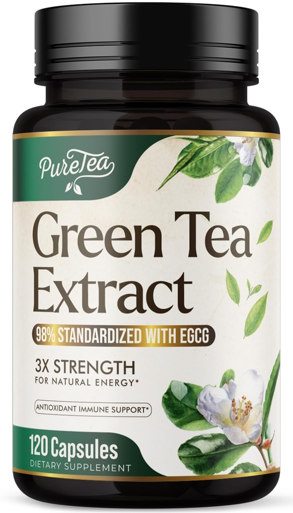 Green Tea Extract 1000mg Per Serving - 98% Polyphenols & 45% EGCG Capsules, Heart Support with Antioxidants - 3X Absorption Green Tea Pills Supplement, Natural Energy, Gentle Caffeine - 120 Capsules