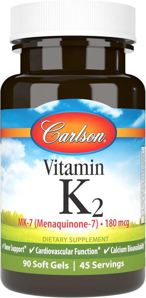 Carlson - Vitamine K2 MK-7 (Ménaquinone), 180 mcg, Bone Support, Biodisponibilité au calcium, K2 Vitamine, Vitamine K-2, 90 Softgels