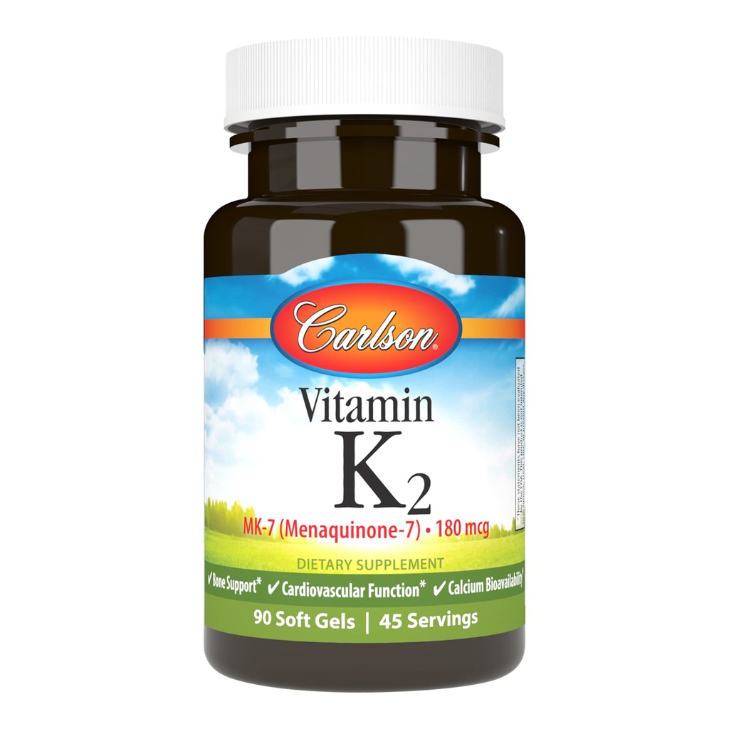 Carlson - Vitamine K2 MK-7 (Ménaquinone), 180 mcg, Bone Support, Biodisponibilité au calcium, K2 Vitamine, Vitamine K-2, 90 Softgels