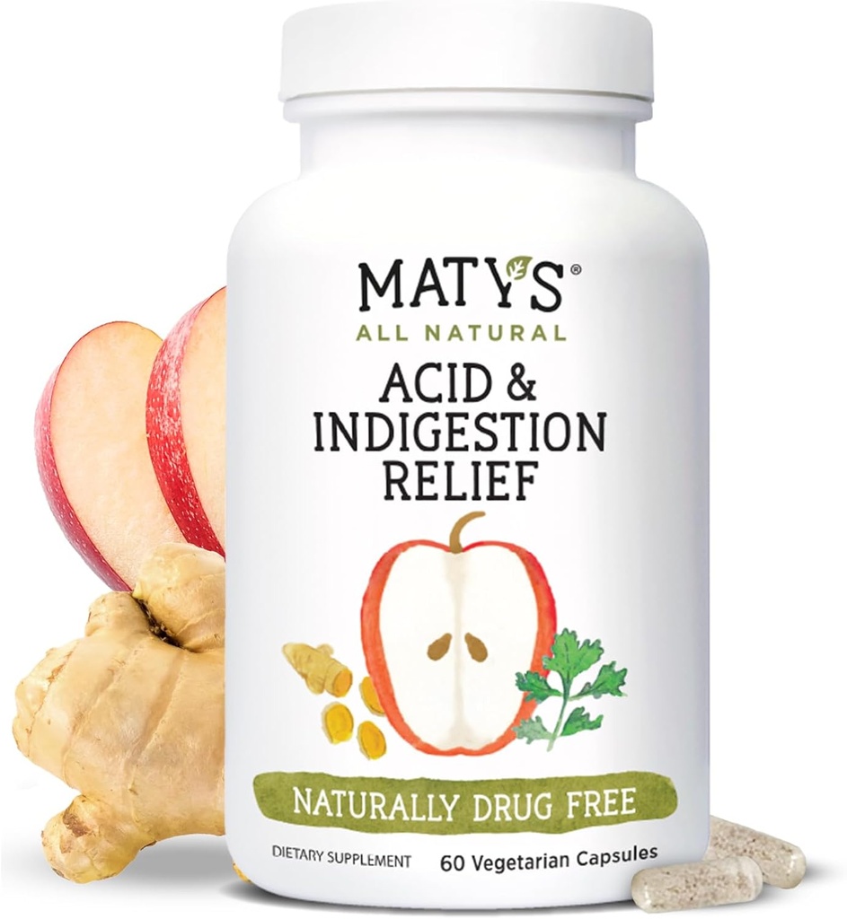 Matys Acid & Indigestion Relief Capsules, Alternative antiacide sans danger pour le reflux d'acide occasionnel et les brûlures d'estomac, fait avec vinaigre de cidre de pomme, capsules végétariennes sans soja et gluten, 60 Compte, 30 portions