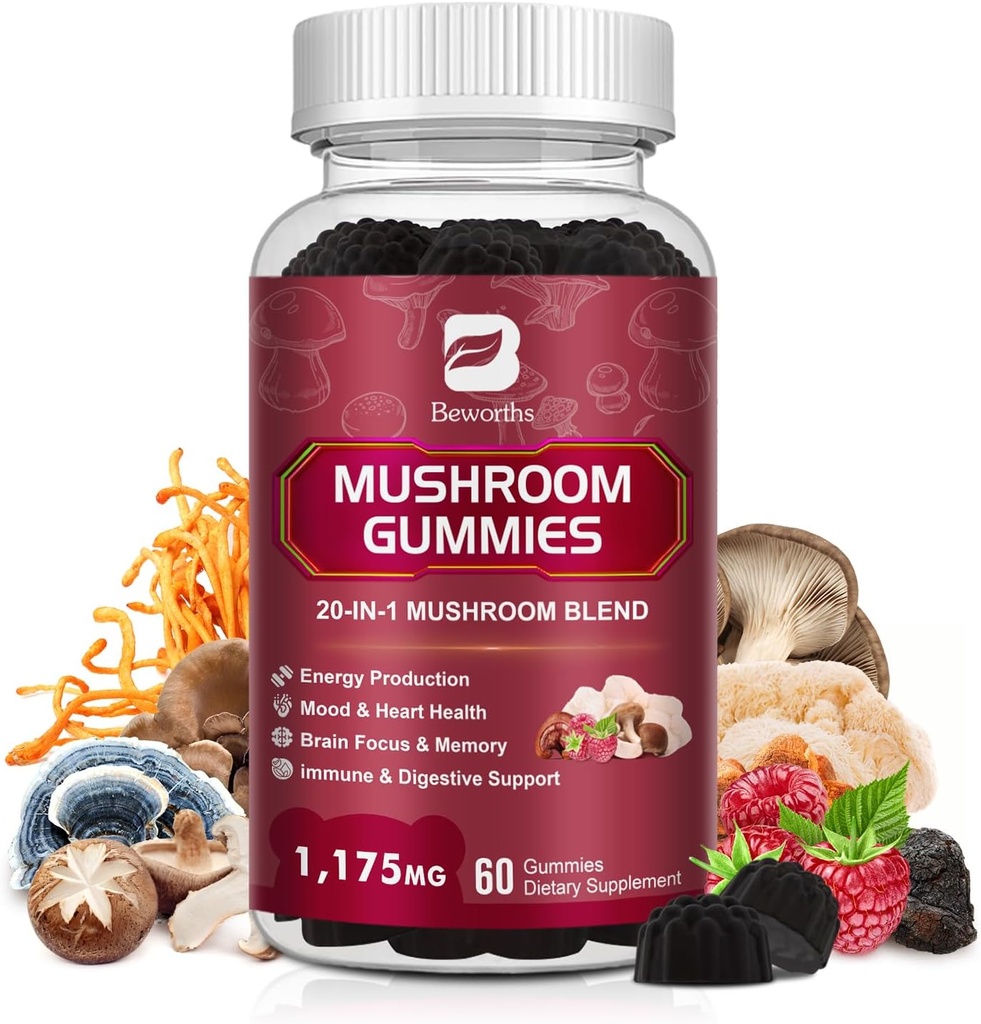 Gommies de champignons, 20 en 1 Lions Mane Complément complexe de champignons avec Reishi, Chaga, Cordyceps et plus pour adultes, soutien pour le cerveau, focus, la santé cognitive et immunitaire, végétalien, framboise, 60 comte
