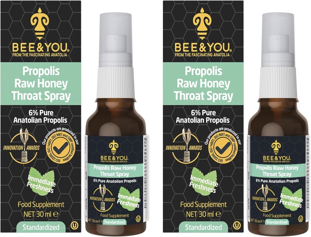 Abeille et vous vaporisateur de gorge de miel cru, extrait de propolis 100% pur, soutien immunitaire, gorge douloureuse et soulagement de la congestion, santé buccodentaire, antioxydants, naturel, kéto, paléo, sans gluten.