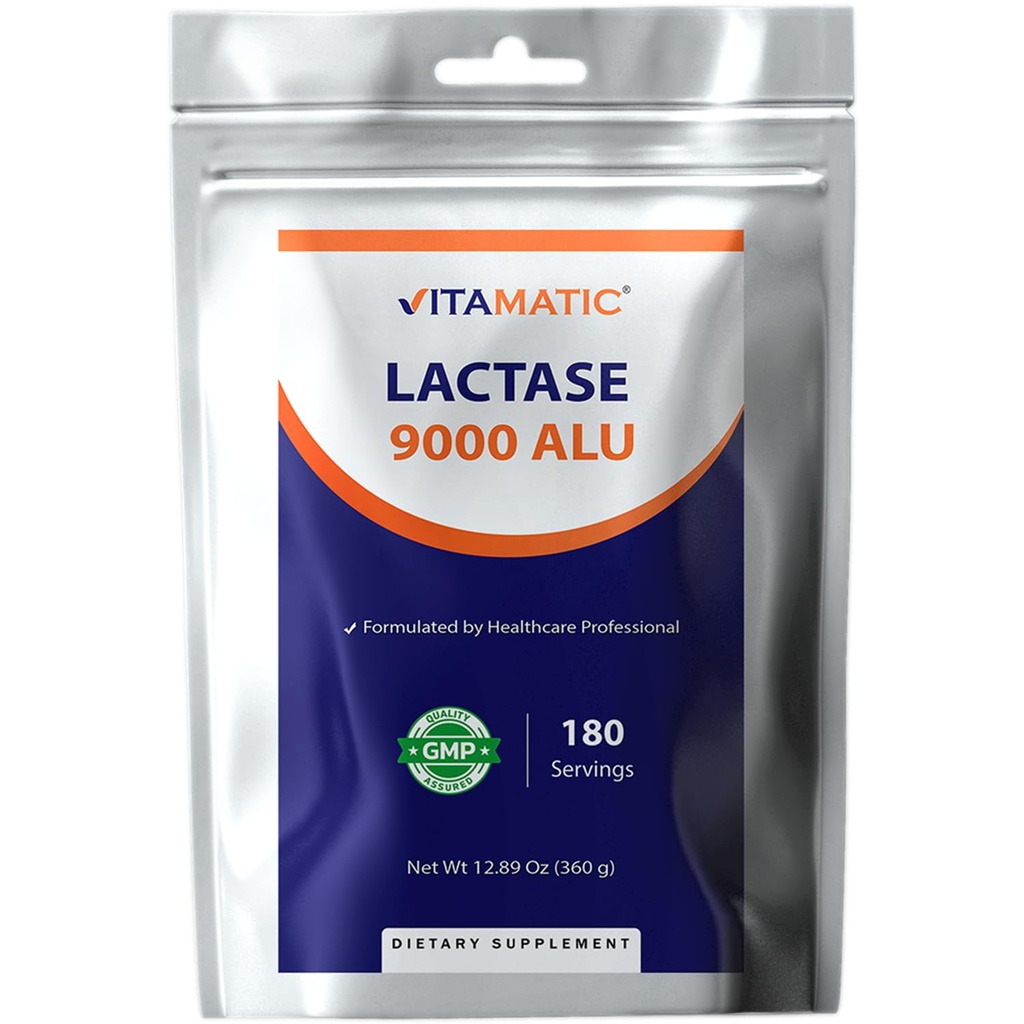 Vitamatic Lactase Enzyme Powder – 9000 ALU Per Serving – 180 Servings – Supports Lactose Digestion, Non-GMO, Gluten Free