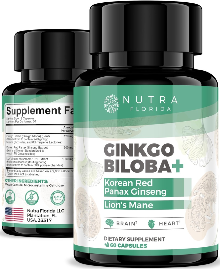 Ginkgo Biloba Supplements 120mg with Korean Red Ginseng 300mg & Lion's Mane Mushroom 1000mg Vegetarian Capsules Non-GMO & Gluten Free Natural Brain Supplement for Memory, Focus & Cognitive Support