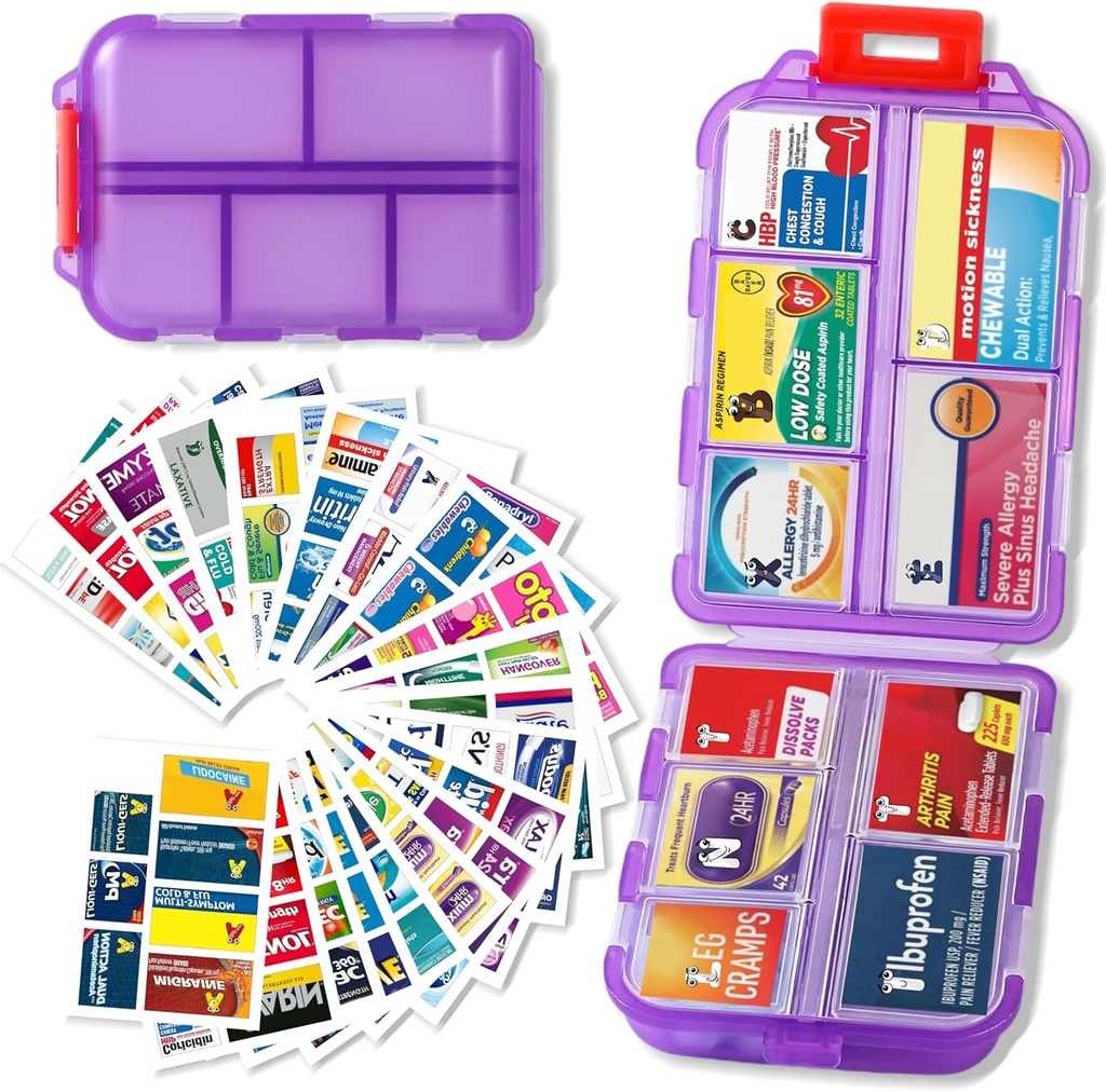 Pill Organizer with Medicine Labels Travel Daily Pill Container Mini Organizer Storage Pill Organizer Travel Essentials Pill Case 7 Day (Purple et 161 Lables)