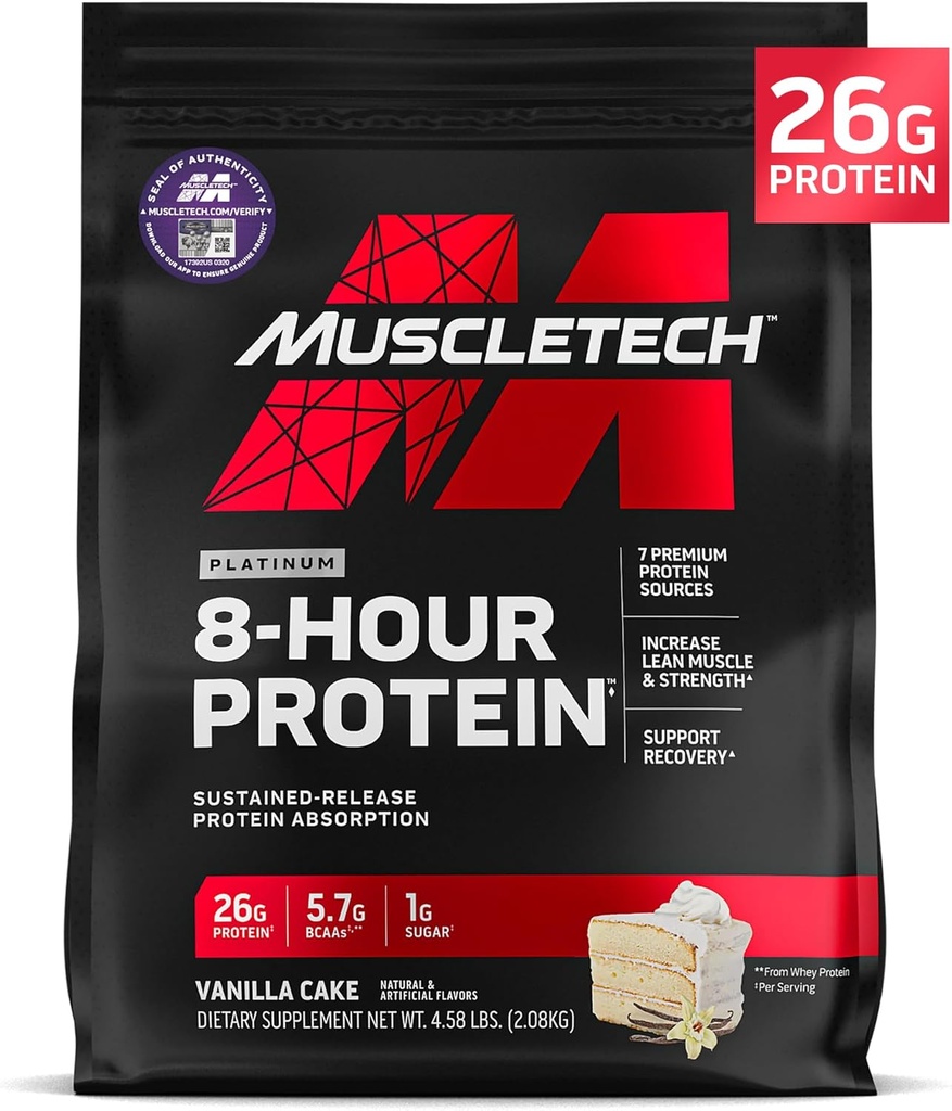 MuscleTech Platinum poudre de protéines 8 heures - 7 sources de protéines premium avec lactosérum et la protéine de caséine pour augmenter le poids musculaire, la force et l'amélioration de la récupération - Cake Vanilla, 50 portions