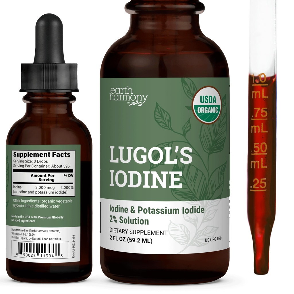 Iodine, iode et iode de potassium organiques de Lugol 2% Solution 3000 mcg - gouttes de supplément liquide pour le soutien thyroïde pour les femmes et les hommes, métabolisme santé, détox boost - non-OGM, 395 portions (2 Oz)