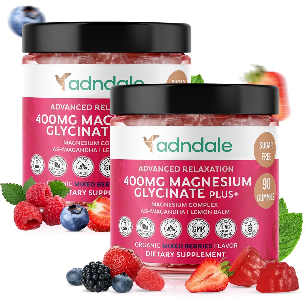 Adndale 180 CT Magnésium Glycinate Gommies 400 mg/Serv, avec Ashwagandha, Magnésium Malate & Taurate, sans sucre Chews pour les adultes et les enfants.