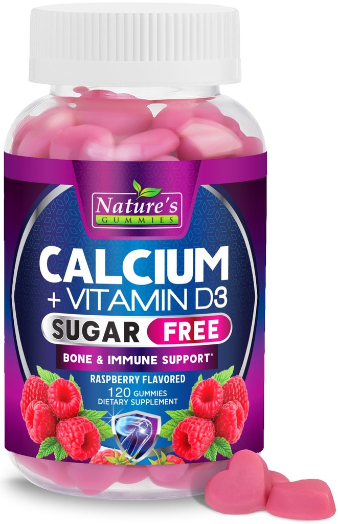 Calcium Supplement Gummies - Sugar Free Calcium Gummy with Vitamin D3 for Best Absorption - Supports Immune Health, Bones & Teeth - Nature's Calcium Chews for Women & Men - Berry Flavor - 120 Gummies