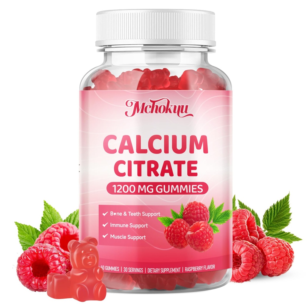 Calcium Citrate Gummies 1200mg Chewable Calcium Supplement for Women & Men, Supports Bone, Muscle & Immune Health, Sugar-Free, Non-GMO, Gluten-Free, Natural Raspberry Flavor, 60 Count