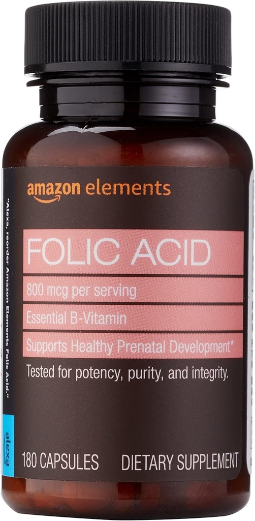   Elements - Folic Acid, 800 mcg per serving, Tablet, 180 Count, Pack of 1, Women's Dietary Supplement for Healthy Prenatal Development, 6 Months of Supply