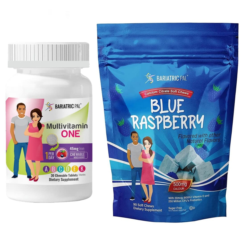 BariatricPal 30-Day Bariatric Vitamin Bundle (Multivitamin ONE 1 per Day! Chewable with 45mg Iron - Mixed Berry and Calcium Citrate Soft Chews 500mg with Probiotics - Blue Raspberry)