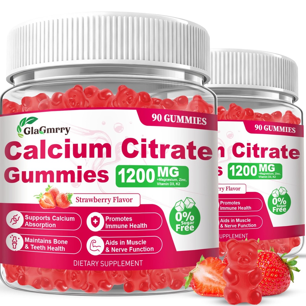 180 Count Calcium Citrate Gummies - Calcium Gummies with Magnesium & 4 Essential Vitamins Support Bone, Muscle, Teeth, Immunity, Calcium Supplements for Women & Men, Strawberry Flavor
