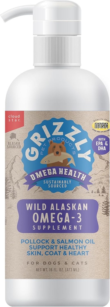 Grizzly Produits pour animaux de compagnie Omega Health Liquid Omega-3 Supplément pour chiens et chats, bouteille de 16 once