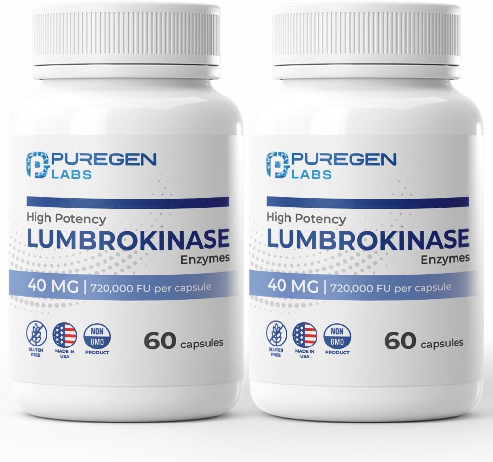 Puregen Labs Lumbrokinase 40mg par capsule Supplément à haute puissance de Lumbrokinase haute activité Enzymes de Lumbrokinase.