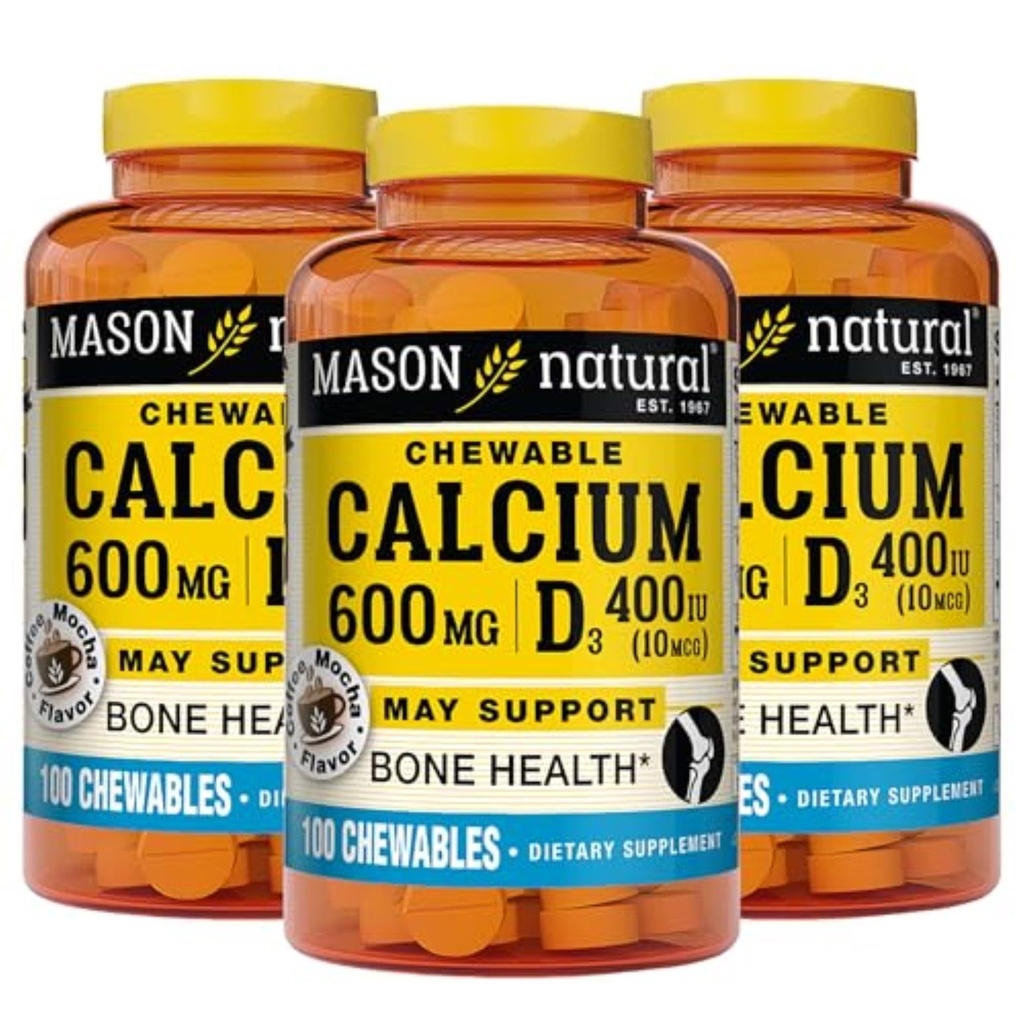 MASON NATURAL Calcium 600 mg with Vitamin D3, 300 Day Supply, Supports Healthy Bones & Normal Muscle Function, Coffee Mocha Flavor, 100 Chewables (Pack of 3)