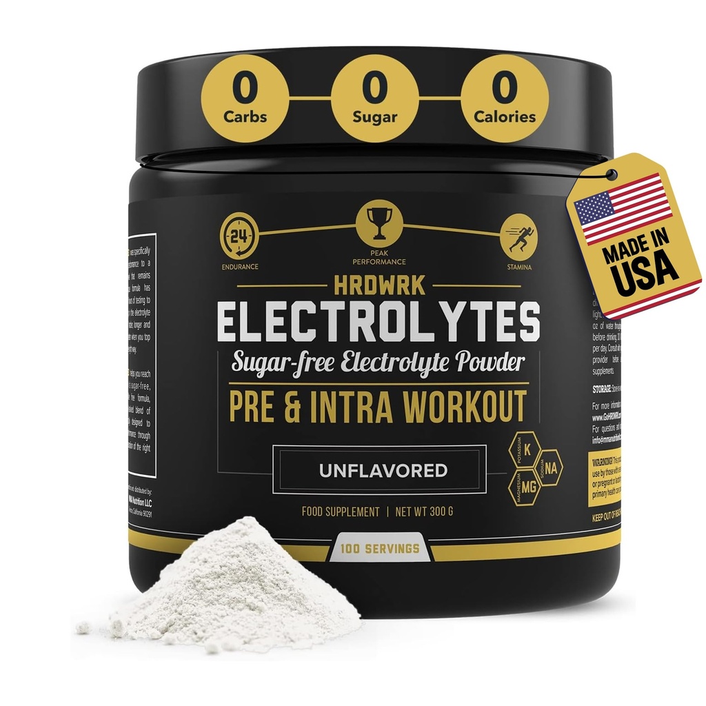 HRDWRK - Poudre d'électrolytes Céto Hydratation Sucre sans magnésium, potassium et sodium - 100 portions