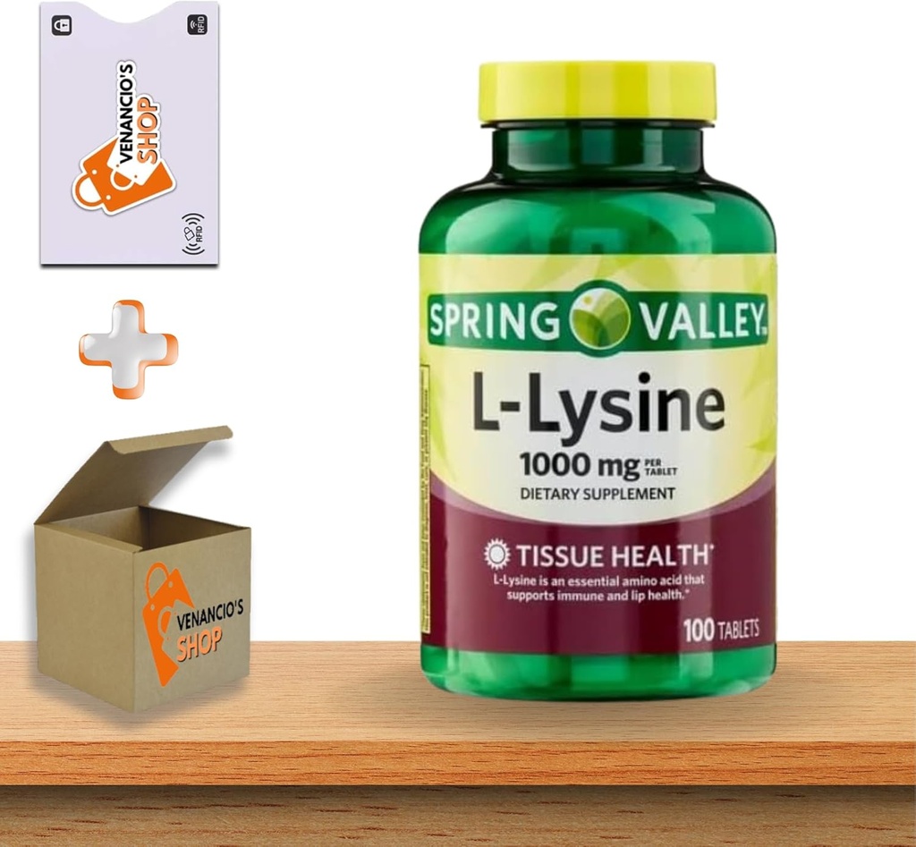 L-Lysine 1000 mg Comprimés • Soutien immunitaire et santé de la peau • 100 Compte par Spring Valley + Sticker Vena (paquet de 1)