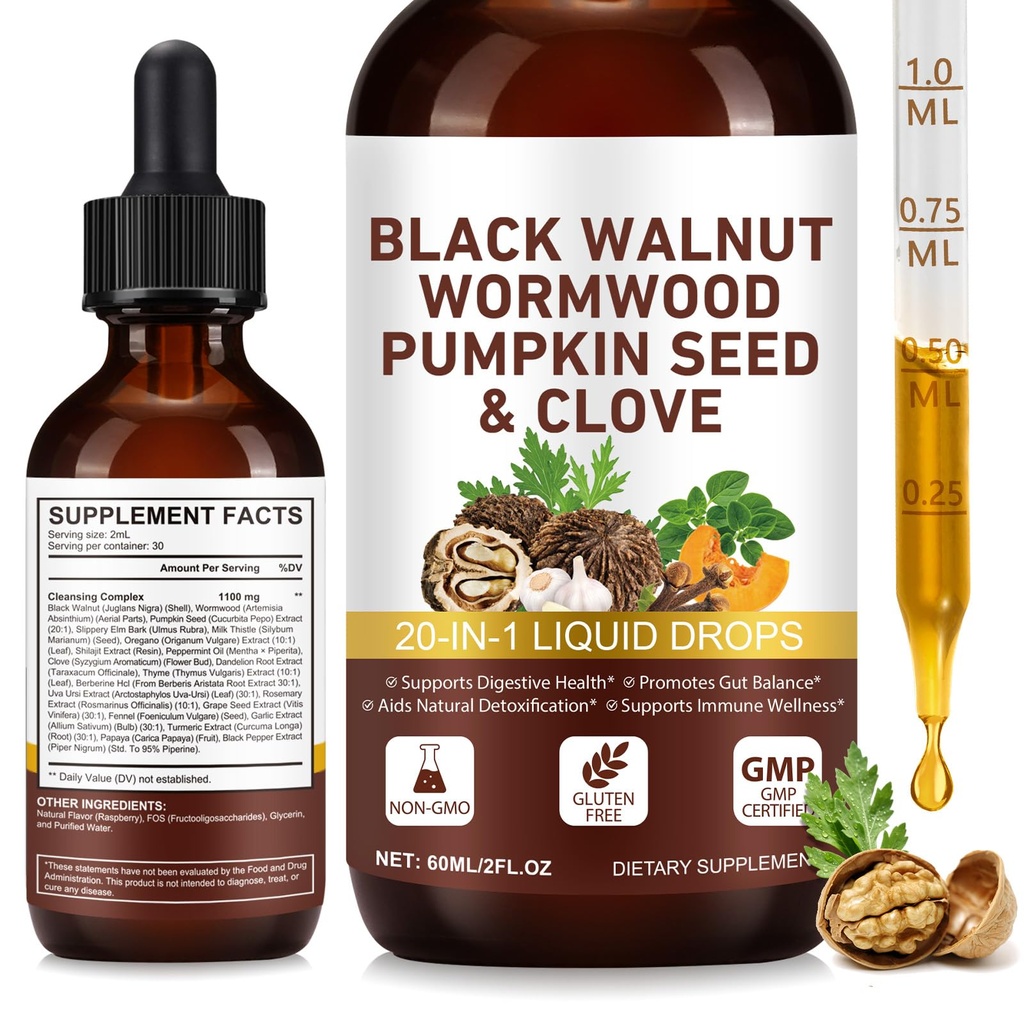 Wormwood Black Walnut Cleanse for Humans Drops, Liquid Herbal Tincture with Clove, Garlic, Pumpkin Seed, Oregano, Neem, Turmeric & Berberine, Plant-Based Digestive Support Formula