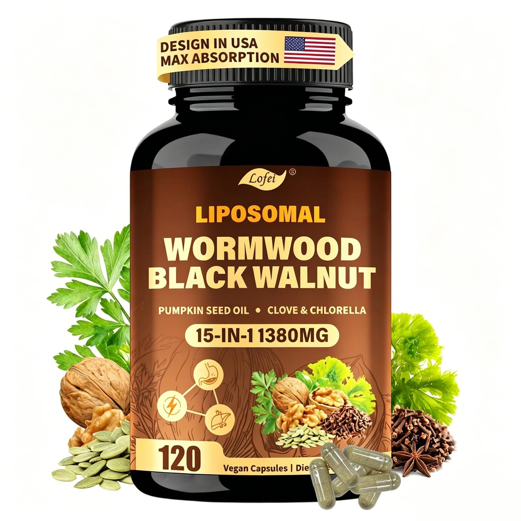 Wormwood Black Walnut Clove Parasite Cleanse for Humans,15-IN-1 Herbal& Digestive Formula,Liposomal Tech High Absorption,with Clove Pumpkin Seed Oil Garlic,Supports Cut Healthe,120 Vegan Capsules