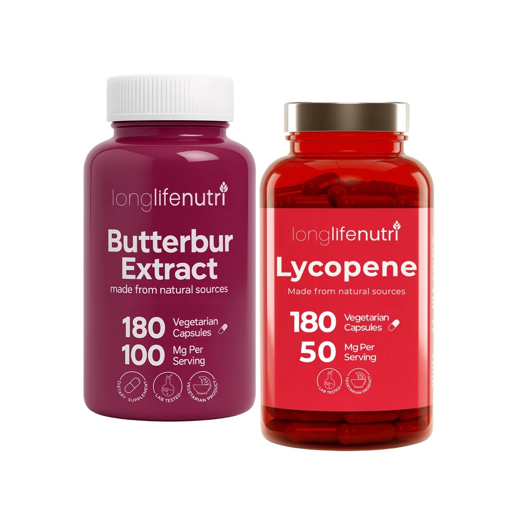 LongLifeNutri Butterbur Extract 100 mg + Lycopene 50 mg Bundle - 180 + 180 Vegetarian Capsules, GMP Certified, Made in USA