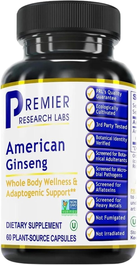 Premier Research Labs American Ginseng Supplement - American Ginseng Capsules, Herbal Ginseng Root Pills, North American Ginseng Herb Extract, Calming Energy Supplement - 60 Plant-Based Capsules